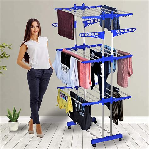 H Houseware Stainless Steel Heavy Duty Double Pole 3 Layer Cloth Drying Stand for Balcony ...