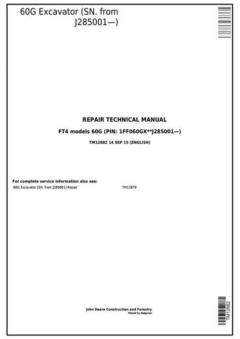 John Deere 60G Excavator Repair Technical Manual TM12882 PDF