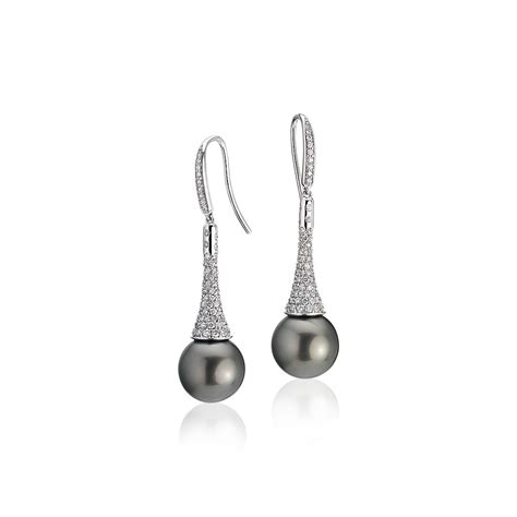 Diamond Drop Tahitian Cultured Pearl Earrings in 14k White Gold (11-12mm) | Blue Nile