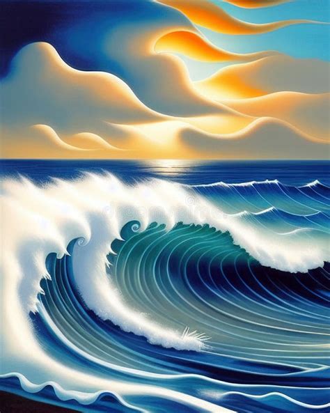 Breaking Wave at Sunset AI Art Stock Illustration - Illustration of ...