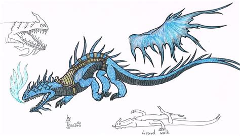 a drawing of a blue dragon with wings and claws on it's back legs