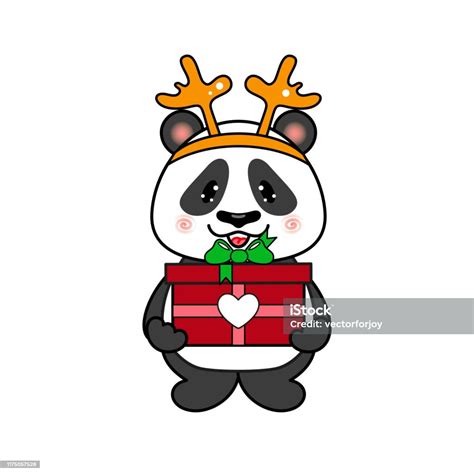 God Jul Och Gott Nytt År Panda Bear Med En Renar Fancy Rudolph S Horn Och En Presentask Med En ...