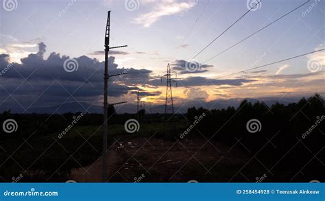 Silhouette Of Electric Pole At Dusk. Electric Poles And Wires In The ...