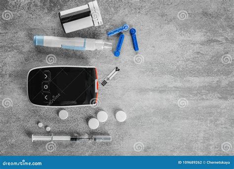 Digital Glucometer, Lancet Pen, Syringe and Medicaments Stock Photo ...