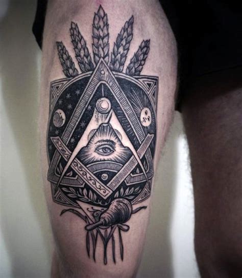 Mystical designed Masonic ornament black ink tattoo on thigh ...