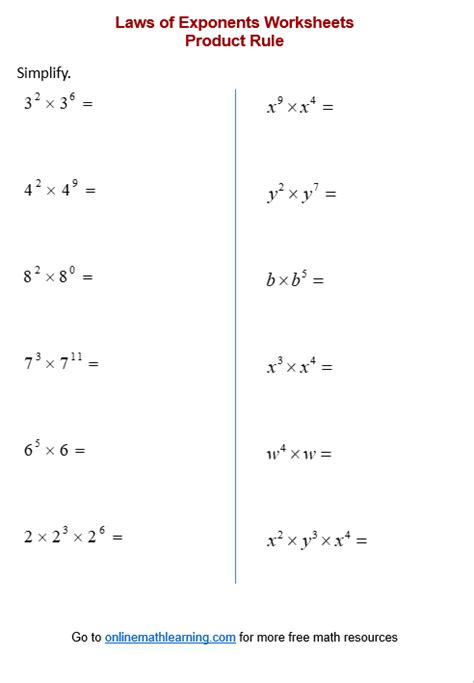 Product Rule of Exponents Worksheets (printable, online, answers, examples)