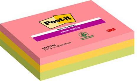 Post-it® Super Sticky Meeting Notes, Assorted Colours, 203 mm x 153 mm, 70 Sheets/Pad, 3 Pads ...