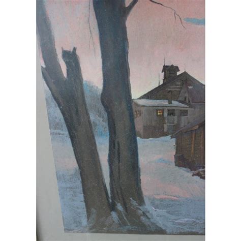 1980s Large Scale Oil Pastel Drawing "Snowy Barns" by Listed Artist John Elliot, Opa, Framed ...