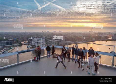 Amsterdam ADAM Lookout Tower observation deck at sunset. View towards Stock Photo, Royalty Free ...