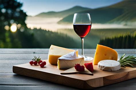 Premium AI Image | cheese and grapes on a board with a glass of wine