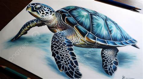 Colored Pencil Drawing Of Sea Turtle In Blue Background, Sea Turtle ...