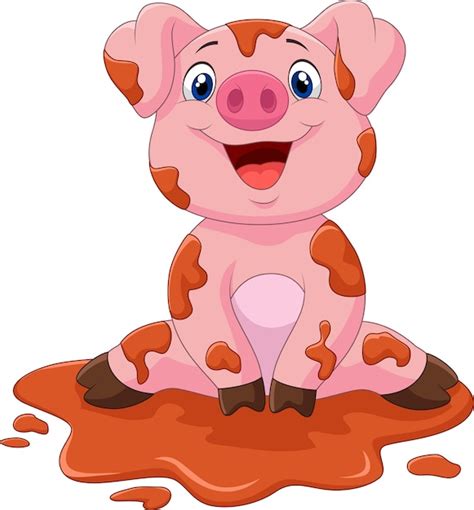 Cute Happy Pink Pig Bathing In Mud Cartoon Character Flat Vector - Clip Art Library