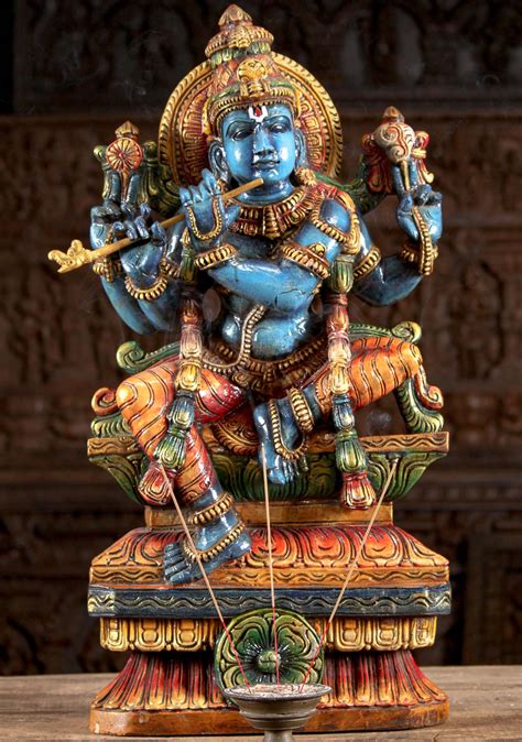 SOLD Wooden Blue Krishna Playing the Flute 30" (#99w11az): Hindu Gods ...