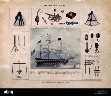 Illustration of a sailing ship surrounded by nautical tools and ...