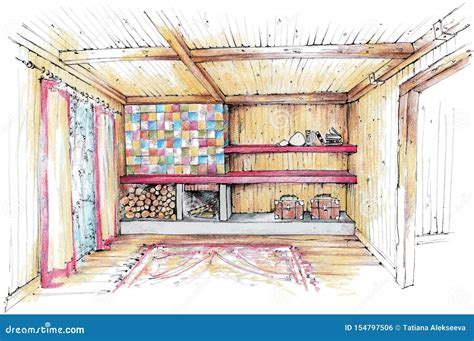 Colorful Pencil Sketch of a Country House. Interior Stock Illustration ...