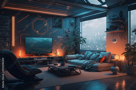 Cyberpunk living room with sofa and tv, dark living room, futuristic living room, furniture ...