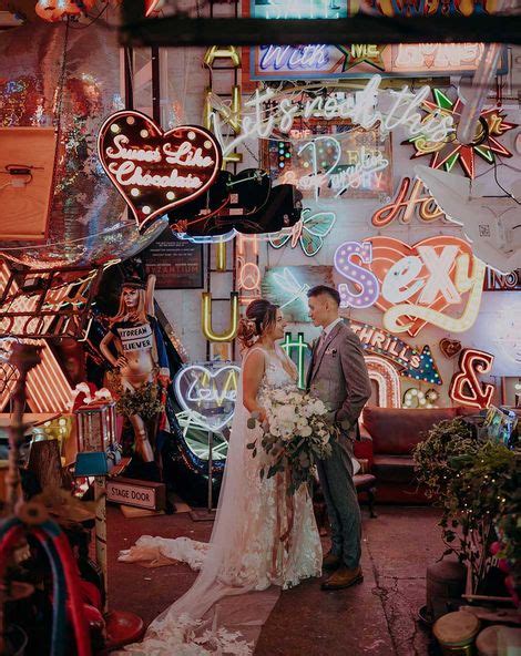 Gods Own Junkyard Wedding With Neon Signs & Lace Wedding Dress