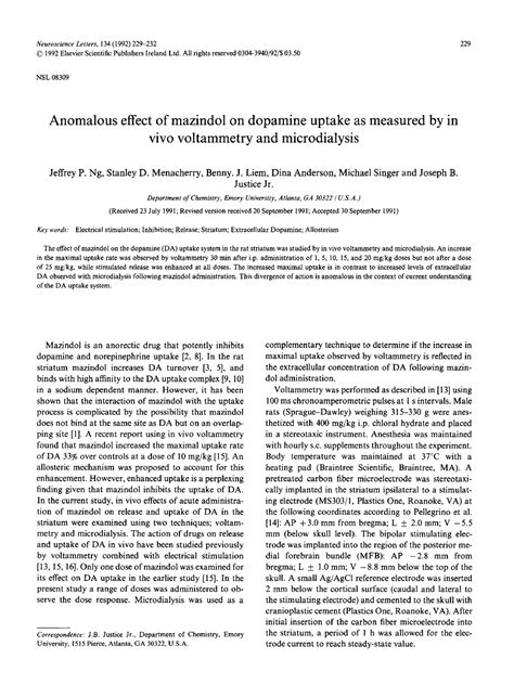 Anomalous effect of mazindol on dopamine - Neuroscience Letters, 134 (1992) 229-232 229 © 1992 ...