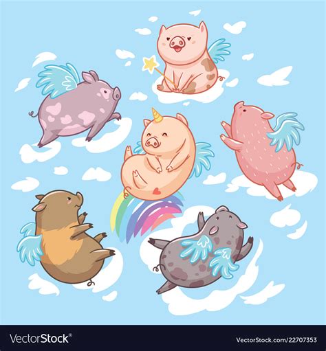 Flying pigs in the clouds cartoon characters six Vector Image