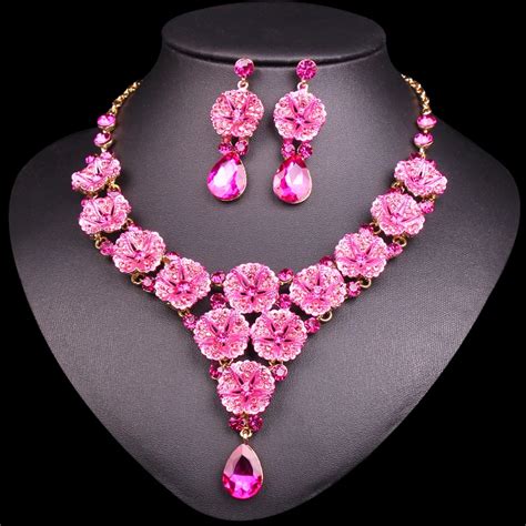 Fashion Pink Flowers Crystal Bridal Jewelry Sets Wedding Party Costume Jewellery Indian Necklace ...