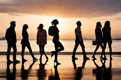 Premium AI Image | a group of people walking on a beach at sunset.