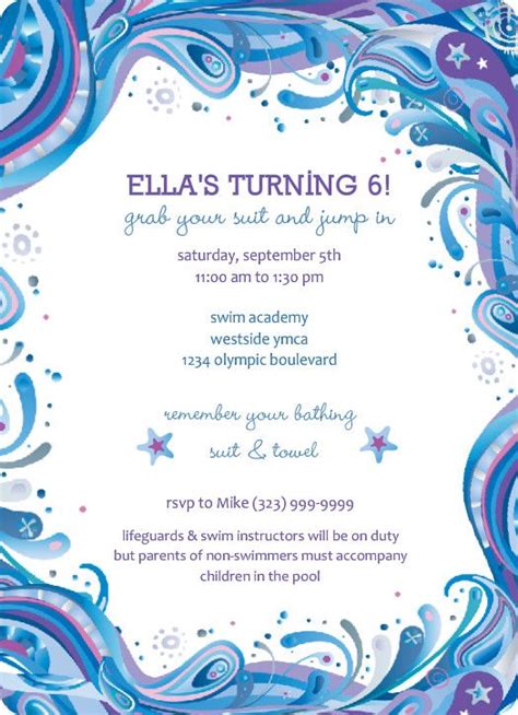 Girls Birthday Party Invites - Blue Swirly Swim Party Invitations | Pool birthday party ...