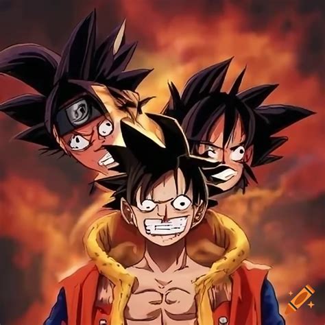 Artwork of goku, luffy, and naruto in an epic battle on Craiyon