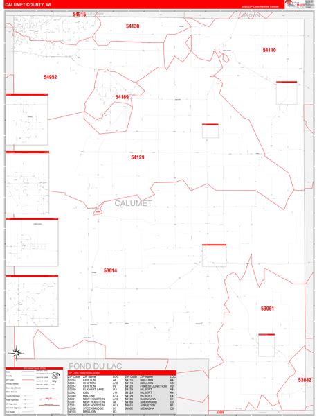 Calumet County, WI Zip Code Wall Map Red Line Style by MarketMAPS - MapSales