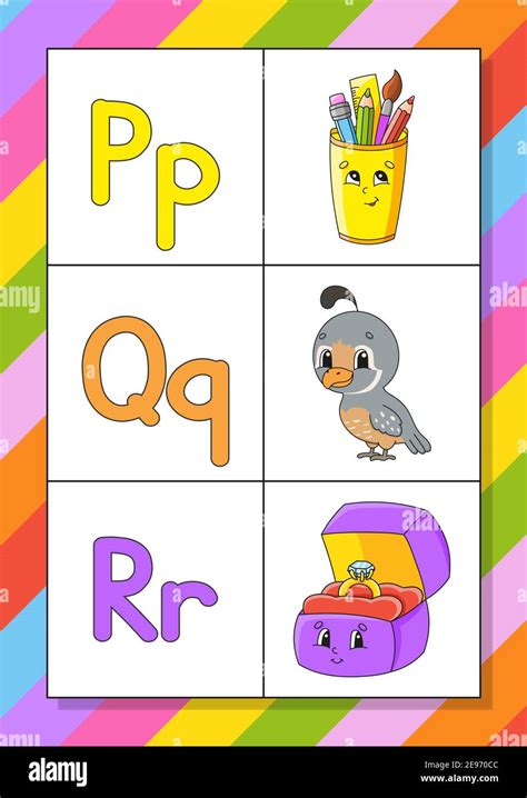 English alphabet with cartoon characters. Flash cards. Vector set ...