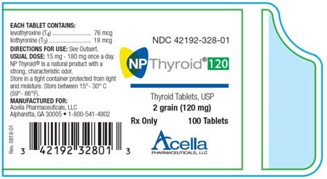 NP Thyroid 120 mg (2 grain) 100 Tablets Per Bottle, NDC # 42192-328-01 ...