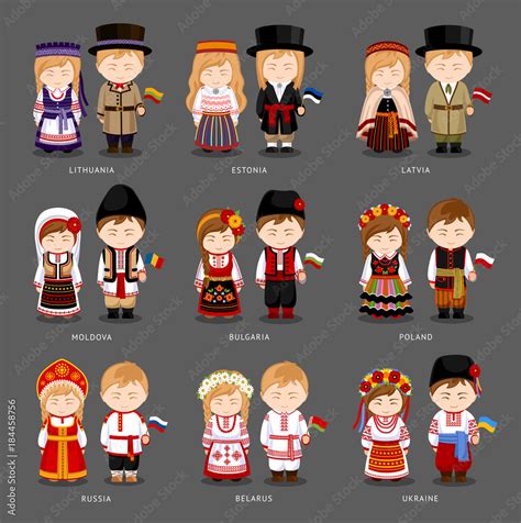 People in national dress. Latvia, Lithuania, Estonia, Bulgaria, Moldova, Poland, Russia, Ukraine ...