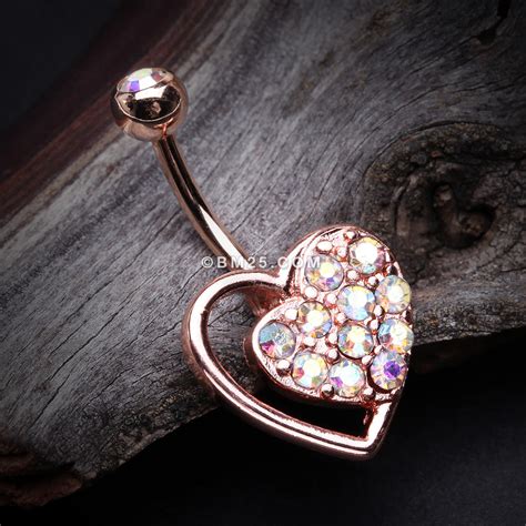 Rose Gold Sparkle Heart in Heart Belly Button Ring-Aurora Borealis - BM25.com