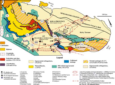 Schematic geological map of Kola Peninsula and adjacent regions of ...