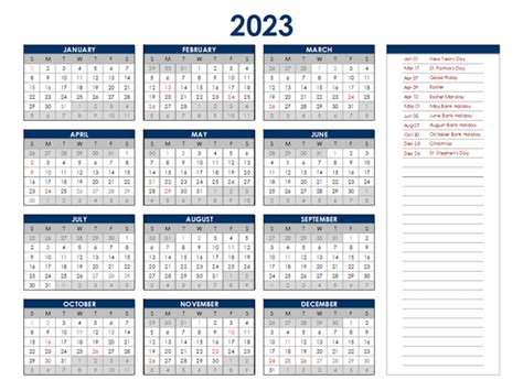 2023 Ireland Annual Calendar with Holidays - Free Printable Templates