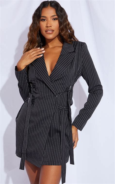 Black Pinstripe Buckle Detail Blazer Dress | PrettyLittleThing