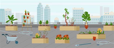 Rooftop garden with flowers and trees and gardening equipment vector illustration. Empty city ...