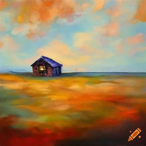 Realistic acrylic painting of a flying house