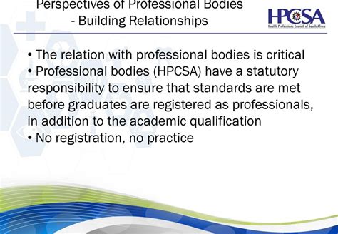 The Perspective of a Professional Body (HPCSA) on National Standards ...