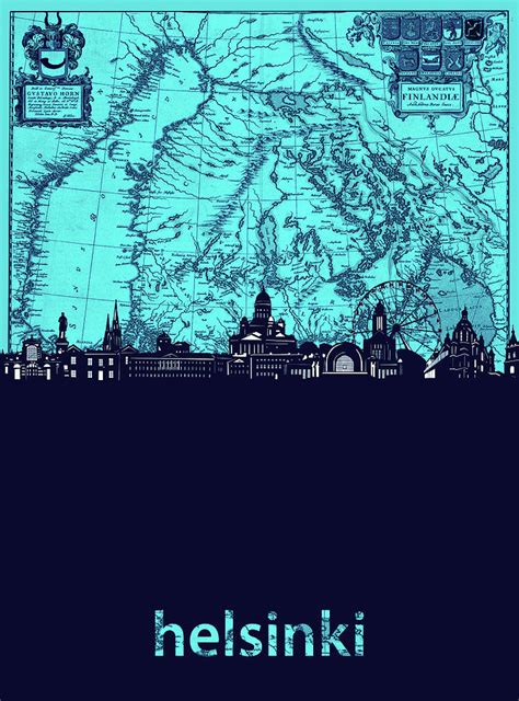 Helsinki Skyline Map Turquoise Digital Art by Bekim M - Fine Art America