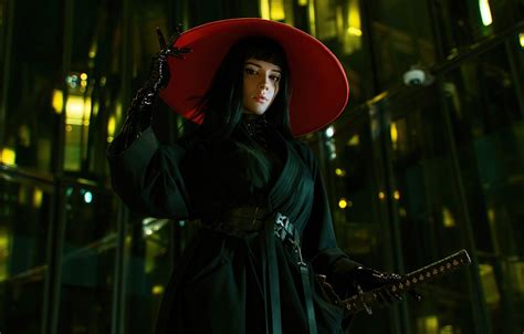 Wallpaper girl, hat, katana, cosplay, raincoat images for desktop ...