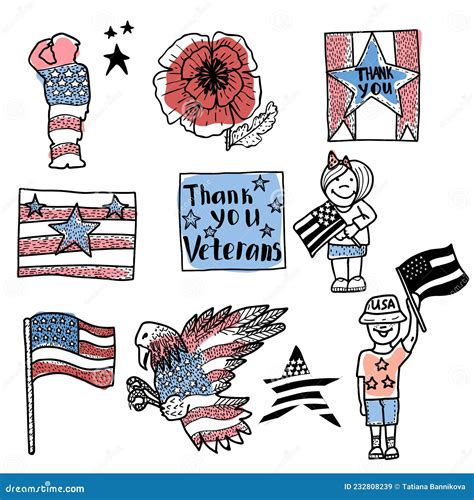 Veterans Day Vector Hand Drawn Set. American Flag, Red Poppy, USA Government Symbols, American ...