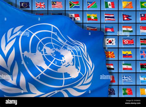 The flag of the United Nations on a background of international flags ...