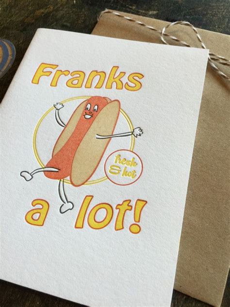 Letterpress Funny Thank You Card, Retro Hot Dog, Pun Punny, Franks a Lot, 50s 60s 1950s 1960s ...