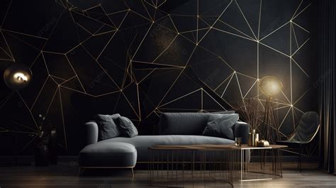 Gold Geometric Wallpaper Wall In A Black And Gold Living Room Background, 3d Modern Geometric ...