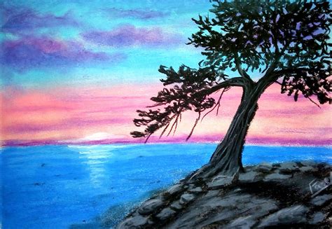 A Beautiful Tree Drawing | Sunset drawing using Oil Pastel (2020)