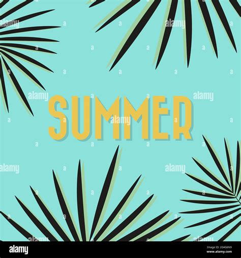 Golden summer text. Background with dark tropical palm leaves. Vector illustration, flat design ...