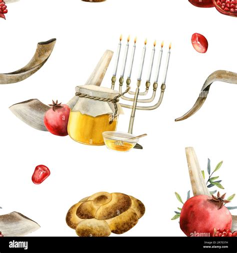 Rosh hashanah symbols watercolor seamless pattern on white background ...