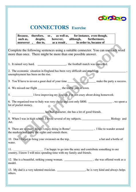 Connectors exercise - ESL worksheet by johanne23232