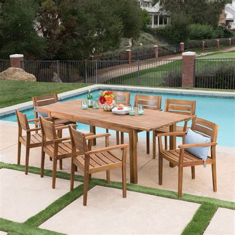 William Outdoor 9 Piece Acacia Wood Dining Set with Expandable Dining Table, Teak Finish ...