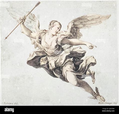 A flying angel carries an arrow in one hand, points with the other Colourised version of ...